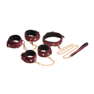 6-Piece Velvet Burgundy Bondage Set with Cuffs, Collar and Belt