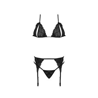 Peek-a-Boo Bra, Garter and G-String Set - 2X - Black