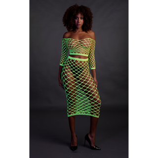 Long Sleeve Crop Top and Long Skirt - One Size - Neon Green