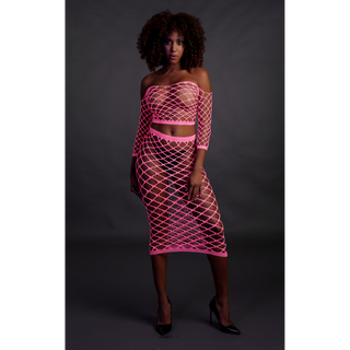 Long Sleeve Crop Top and Long Skirt - One Size - Neon Pink