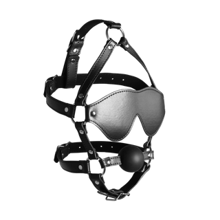 Blindfolded Head Harness with Solid Ball Gag - Black