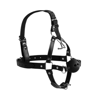 Head Harness with Breathable Ball Gag and Nose Hooks - Black